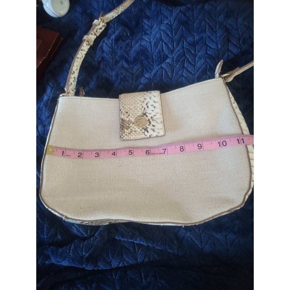 Anne Klein Canvas Snakeskin Embossed Shoulder Bag Cream Lion Logo Medallion - Picture 9 of 11
